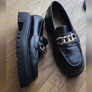 H&M Black Leather Loafers with Gold Chain Detail